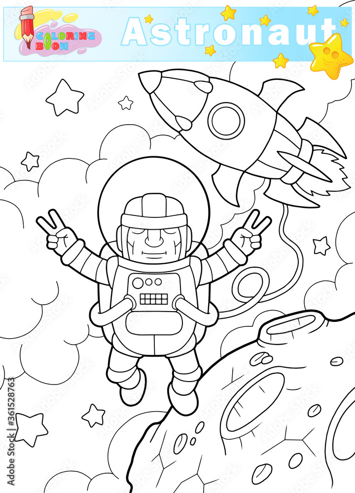 cartoon funny astronaut flies in space, coloring book, cute illustration