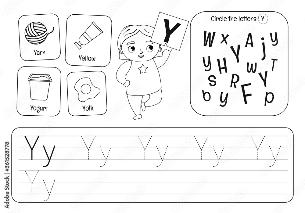 Kids learning material. Worksheet for learning alphabet. Letter Y. Black and white.