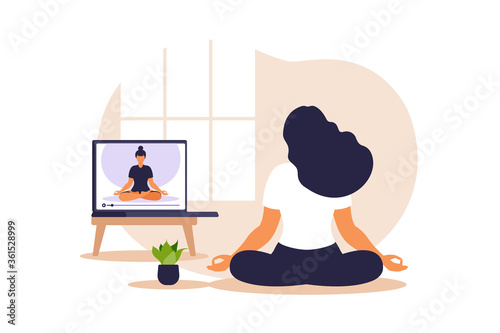 Yoga online concept with african woman doing yoga exercise at home with online instructor. Wellness and healthy lifestyle at home. Woman doing yoga exercises. Vector illustration.