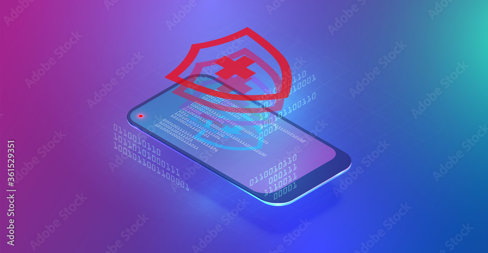 High-detailed smartphone with data or protection, isometric vector illustration High-detailed smartphone with data or protection, isometric vector illustration