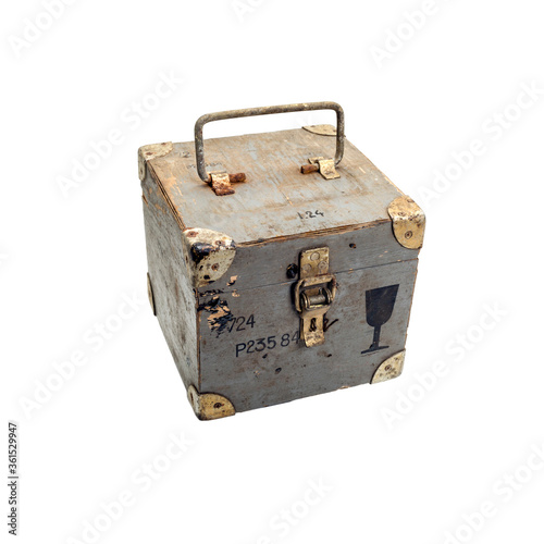old green wooden box on white background,copy space