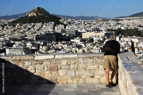 Greece, Athens, June 16 2020 - Viewpoint on Acropolis hill with panoramic view to Athens city. photo