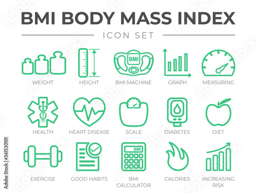 BMI Body Mass Index Outline Icon Set. Weight, Height, BMI Machine, Graph, Measuring, Health, Heart Disease, Scale, Diabetes, Diet, Exercise, Habits, BMI Calculator, Calories, Risk Icons.