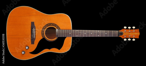 Musical instrument - Front view classic vintage acoustic guitar folk. Isolated on black