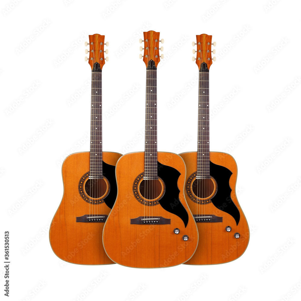 Obraz premium Musical instrument - Front view three classic vintage acoustic guitar. Isolated