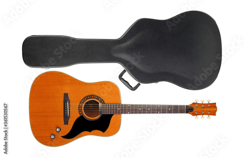 Musical instrument - Front view vintage acoustic guitar hard case. Isolated