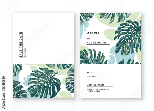 Minimalistic cards with tropical leaves of monstera on background of abstract spots in restrained colors. Greeting cards posters, banners for online and offline stores. Feel free to use the place text