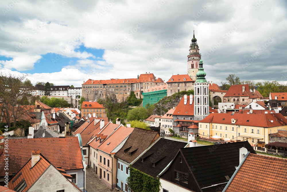 View of Cesky Krumlov and its castle from above during coronavirus