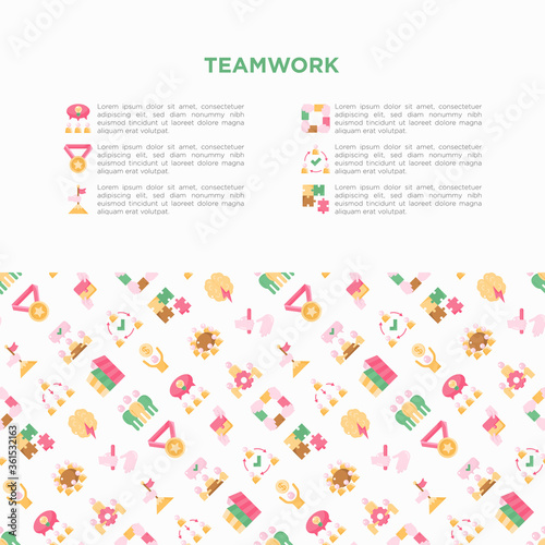 Teamwork concept with flat icons: relay race, brainstorm, success, meeting, idea share, collaboration, joint project, unity, support, delegation, bonus. Modern vector illustration.