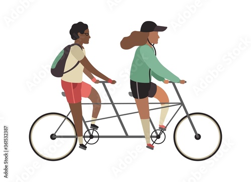 Cyclists concept. People ride tandem bike. Outdoor activities in park, couple healthy lifestyle, man and woman riding twin bicycle . Flat vector cartoon illustration