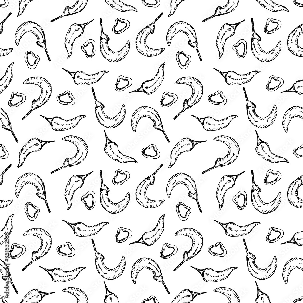 Seamless pattern with hot chili pepper on white background. Vector hand drawn sketch illustration in doodle outline. Spicy food ingredient for cooking, mexican east cuisine, slice, small, engraved.