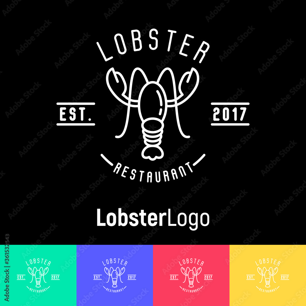 Plakat Four different styles for logo of fish or sushi restaurant with such elements as lobster, fish and shrimp. Thin line vector illustration.
