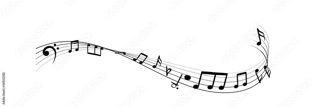 Music notes silhouettes. Monochrome abstract melody on black line wave background. Vector icon illustration isolated on white Music notes silhouettes. Monochrome abstract melody on black line wave background. Vector icon illustration isolated on white