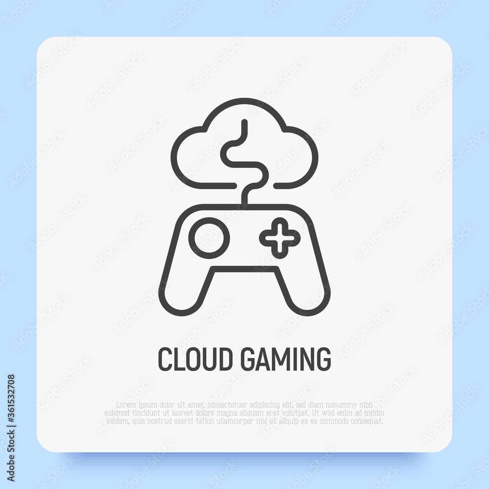 Cloud gaming thin line icon. Gamepad is connected with cloud. Vector illustration. Cloud gaming thin line icon. Gamepad is connected with cloud. Vector illustration.