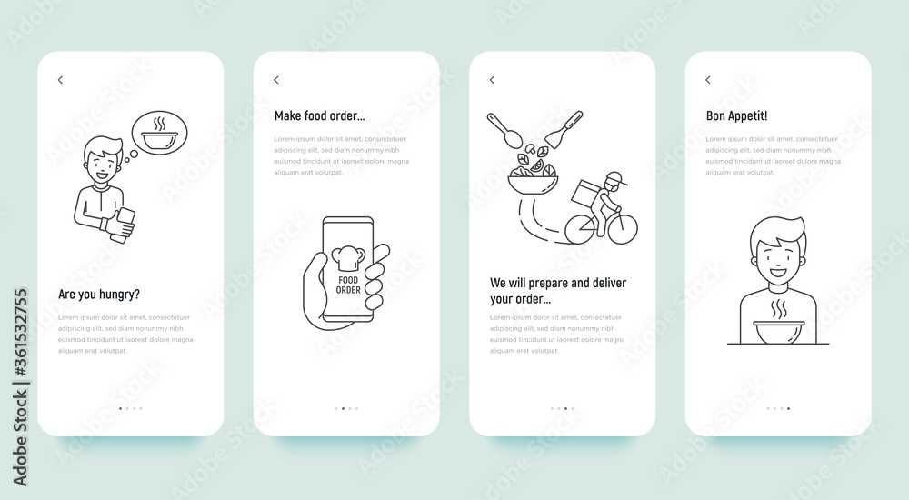 Concept of ordering food. Man makes an order via app on smartphone, after courier on bicycle deliver preparing food, man is eating. Safety delivery. Vector illustration with thin line icons.