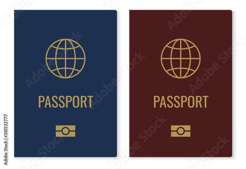 Passport covers with map. Realistic red and blue international identification document, citizen ID with golden globe. Vector isolated elements