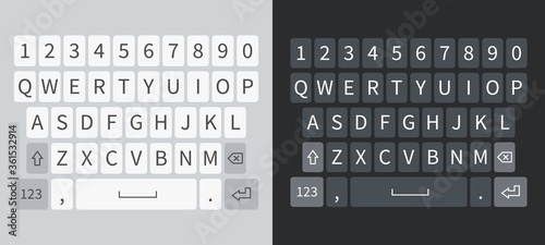 Smartphone keyboard. White and black keyboards mobile phone, buttons alphabet on screen device. Ui keypad mockup vector set
