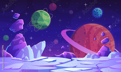 Fantasy space scene. Extraterrestrial landscape with colorful vivid planets, craters, stars and comet fantastic world, game vector background