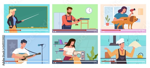 Video tutorials. Social media marketing, computer online learning, internet education, professional bloggers on computer screen vector concept