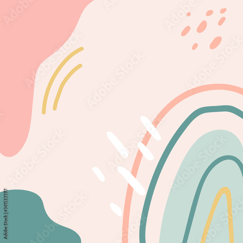 Organic shapes cover design in pastel colors. Kids nursery decoration with rainbow. Hand drawn unique doodle objects. Abstract background. Contemporary texture. Vector illustrations
