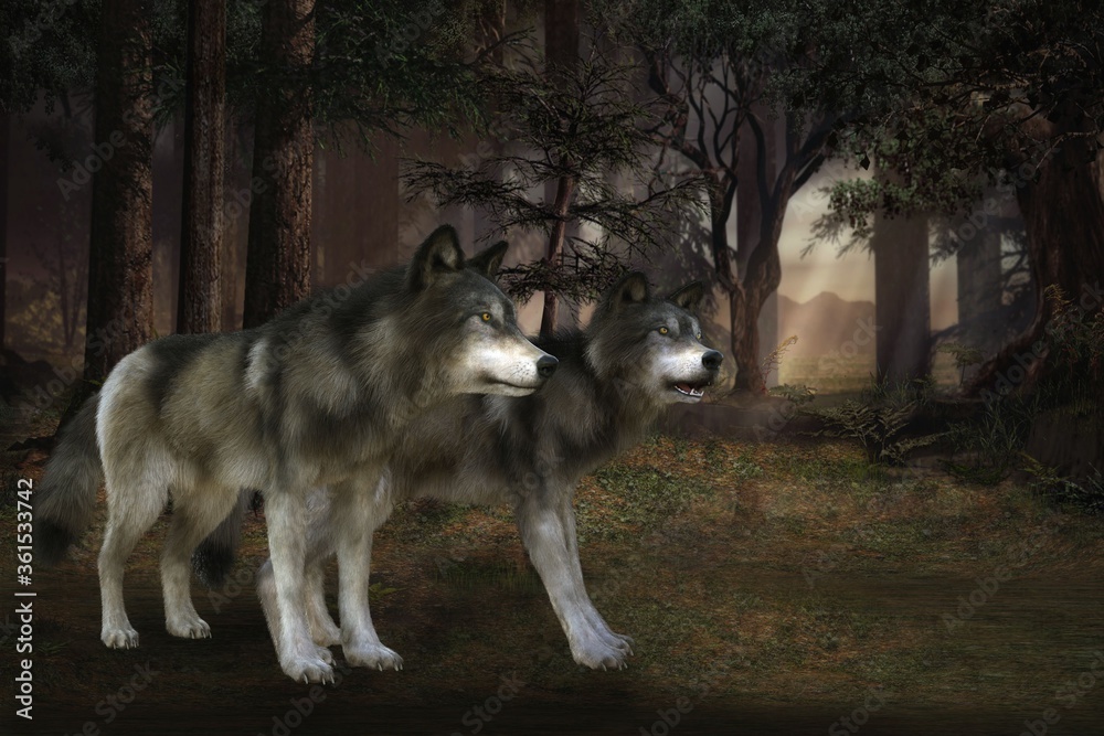 Obraz premium 3D Rendered Fantasy Forest Landscape At Night With Two Gray Wolves - 3D Illustration