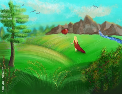 A summer landscape with a girl with a red balloon 