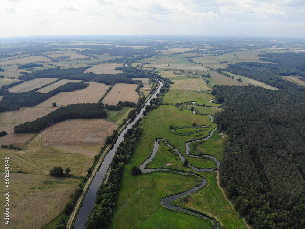 Aerial view of Havel river canal Voßkanal in Krewelin, Oberhavel, Ruppiner Lakeland, Brandenburg, Germany, section of famous Berlin-Copenhagen Cycle Route      