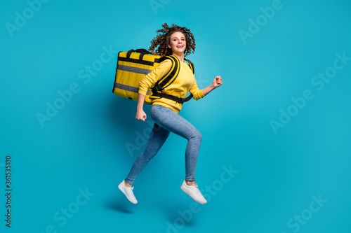 Obraz na plátně Profile side full length body size view of nice attractive cheerful glad wavy-ha