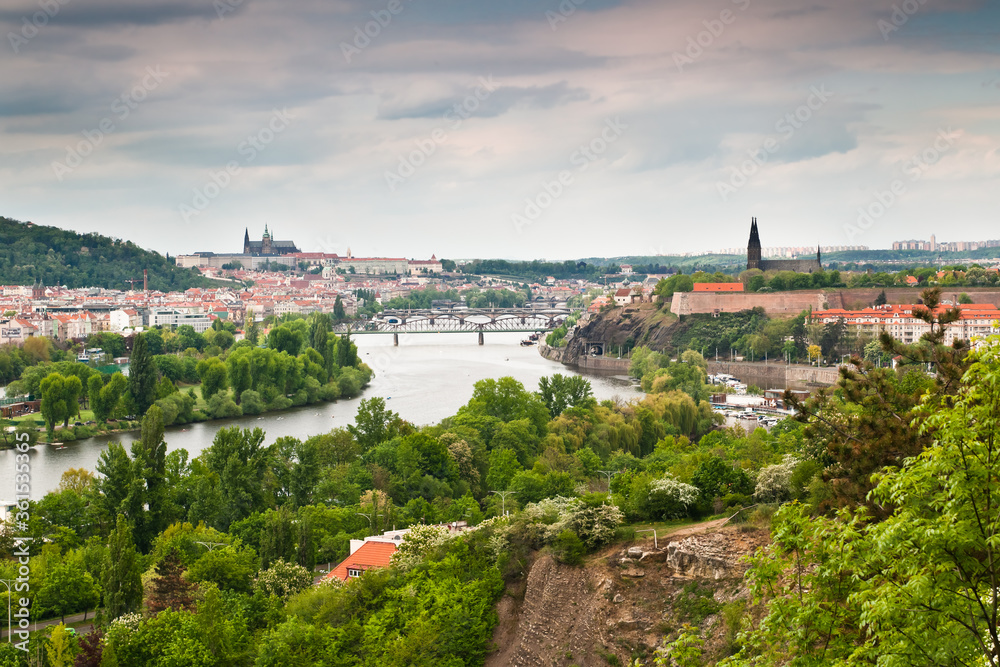 View of Prague castle, Vltava river and the bridges of Prague from distance from the Profile of Podoli