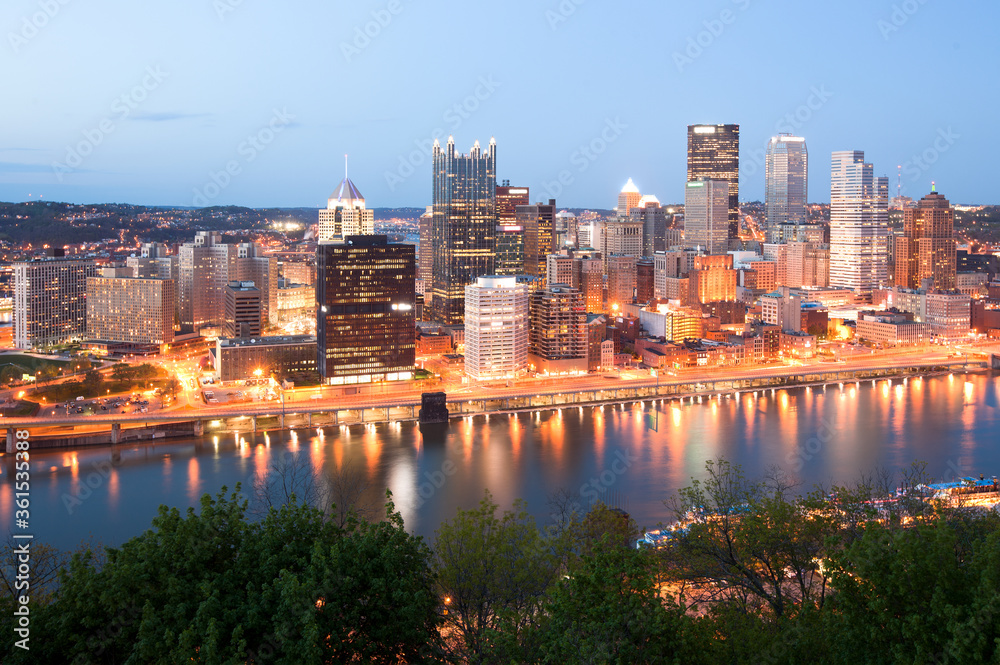 Skyline at night of the Central Business district of Pittsburgh, Pennsylvania, United States