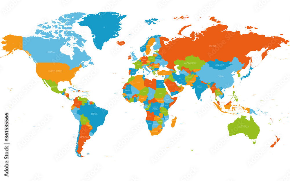 Fototapeta premium Mapa świata. Wysoka szczegółowa mapa polityczna świata z etykietami nazw krajów. Mapa wektorowa schemat 5 kolorów na białym tle