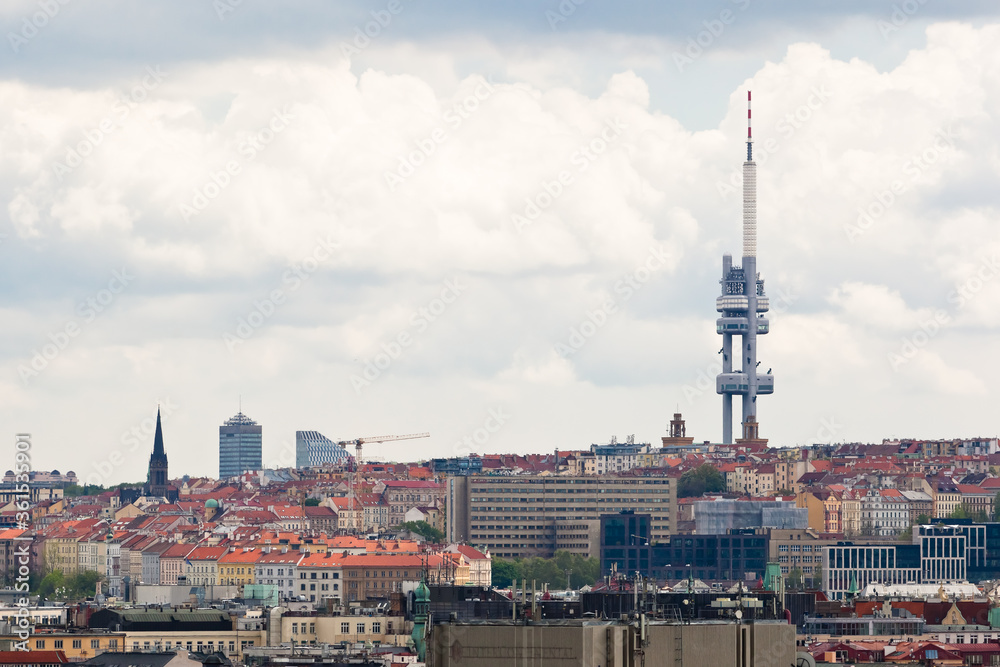 Zizkov tower and Florenc on a cloudy day