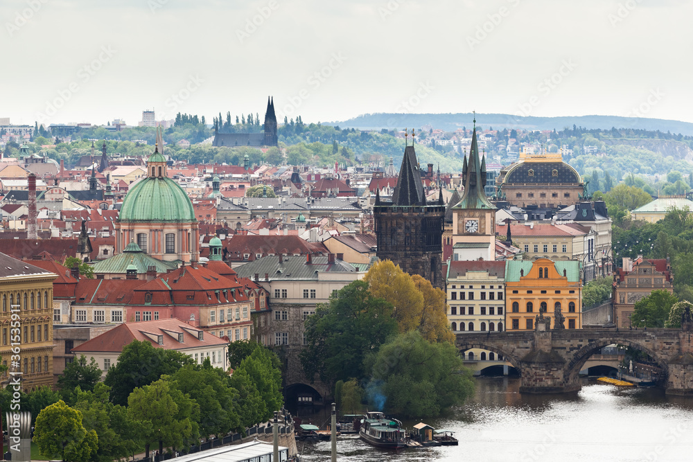 Old town and the towers of Prague on a rainy day from Letna