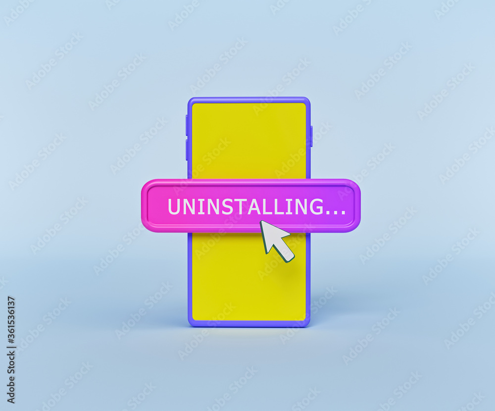 cartoon style, Uninstalling concept with a smartphone. minimal design. 3d rendering cartoon style, Uninstalling concept with a smartphone. minimal design. 3d rendering