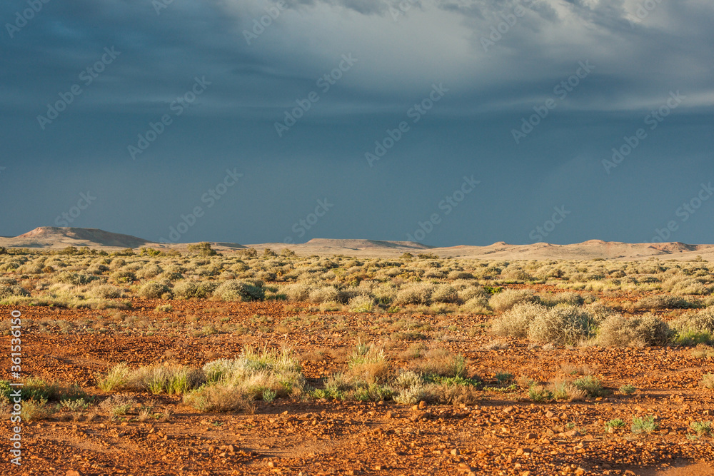 Naklejka premium Outback landscape in South Australia with flat red ground with gravel and rocks covered with shrubs and a ridge at the horizon against dark blue and grey sky with clouds