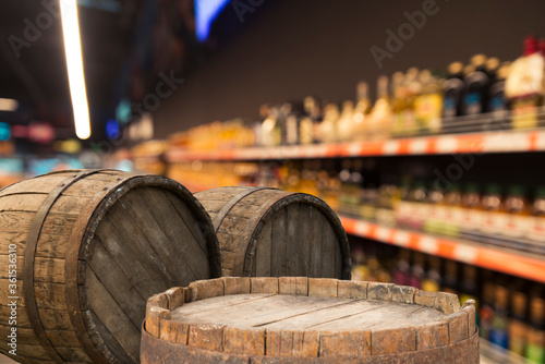 Empty wood table top on blurred market fruit. can montage or display your products