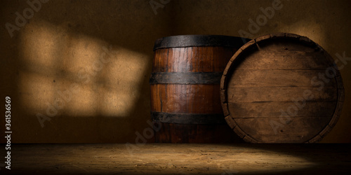 Beer style- bottle, beer in the glass and covers on wooden table. Free space for text. Top view