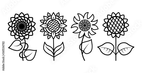 Set of Sunflowers with leaves isolated on white background. Vector floral illustration. Line icons. Botanical summer concept. For cutting, clipart, printing, monogram, tattoo, shirt design.