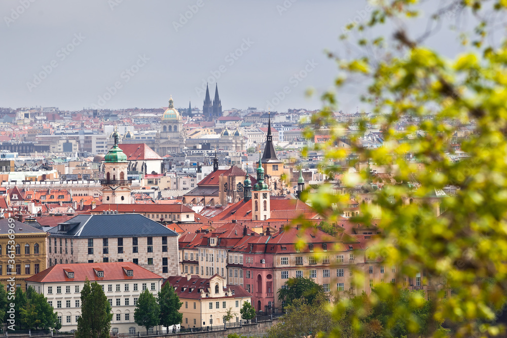 View of Prague's Old town from above from below the Prague castle