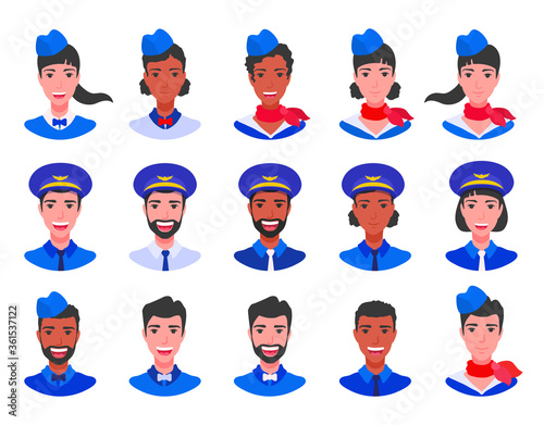 Flight crew avatars icons set. Stewardess, steward, pilot, airhostess smiling. Airline attendant. Various heads with shoulders. A vector flat cartoon illustration isolated on a white background.