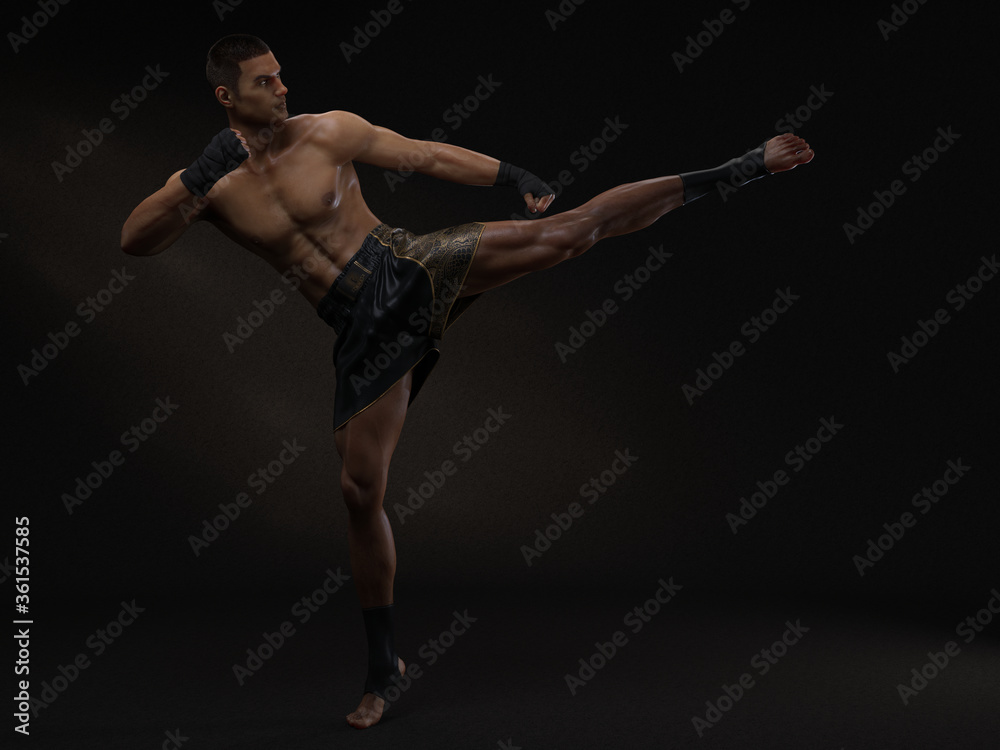 3D Render : The portrait of male boxer, perform muay thai martial arts 3D Render : The portrait of male boxer, perform muay thai martial arts