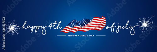 4th of july Happy Independence day handwritten typography text USA wavy flag blue background banner