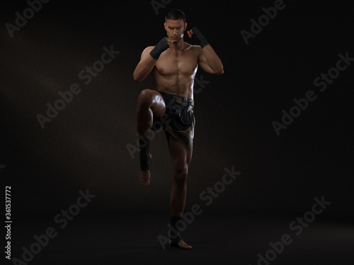 3D Render : The portrait of male boxer, perform muay thai martial arts