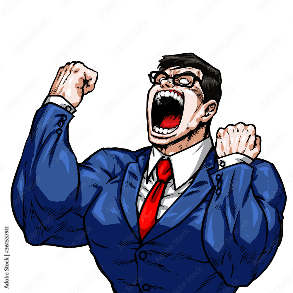 ガッツ 七三 サラリーマン ビジネスマン 逆上 絶叫 雄叫び 劇画 漫画 筋肉 ボディビル マッチョ Stock Illustration Adobe Stock