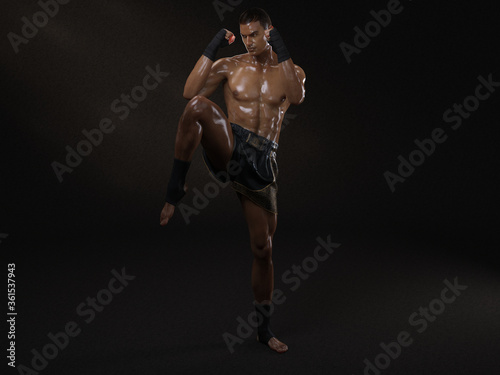 3D Render : The portrait of male boxer, perform muay thai martial arts