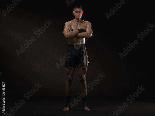 3D Render : The portrait of male boxer, perform muay thai martial arts