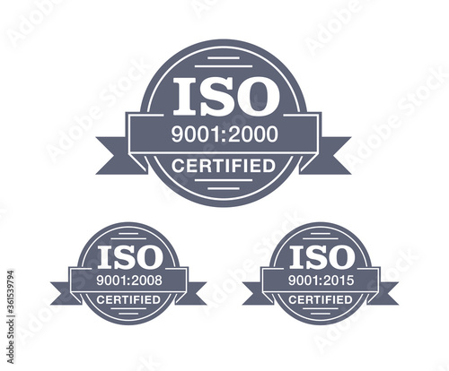 ISO 9001 certified stamp in 3 versions - year 2000, 2008 and 2015 - quality management system international standard emblem - isolated vector sign