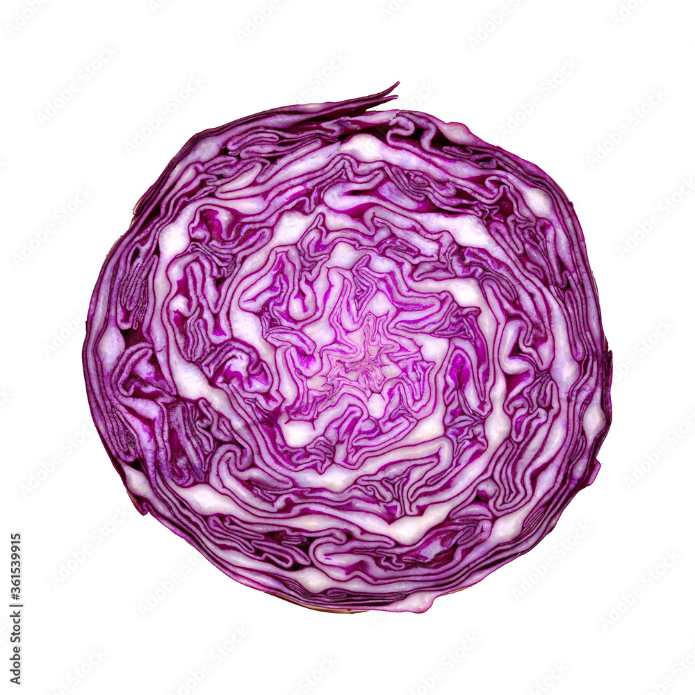 Red Cabbage cut, with inner patterns of folded leaves visible Red Cabbage cut, with inner patterns of folded leaves visible