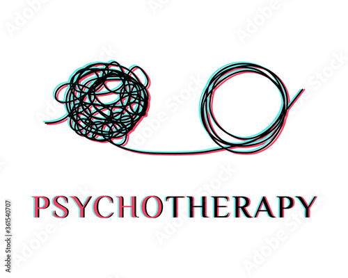 Psychotherapy, stress, depression abstract logo, concept icon. Glitch. Tangled and tangled tangle. Freehand doodles circles. Problem solving metaphor, difficult situation, chaos and disorder. Vector.