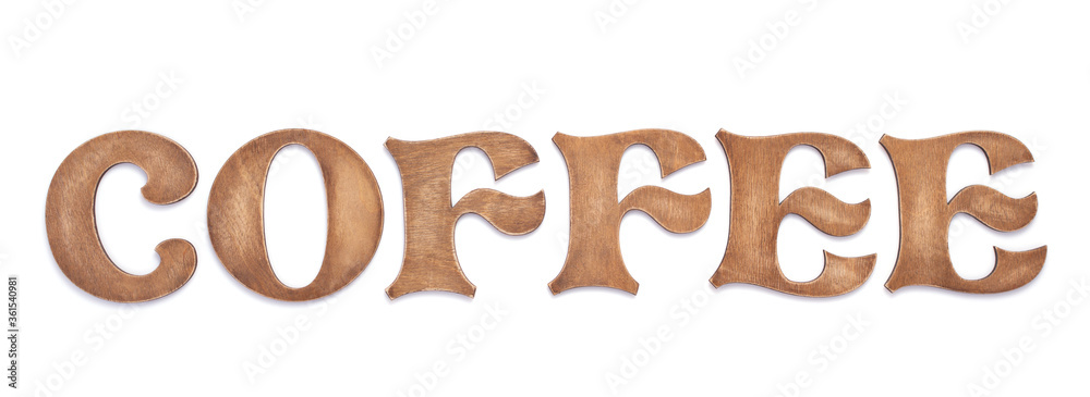 wooden coffee letters on white background wooden coffee letters on white background